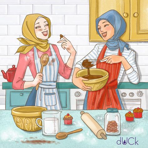 Bestie Bakeoff #girls #cake #duckscarves #ilos #illustration #sketch Duck Scarves, Hijab Art, Cartoon Chef, Hijab Drawing, Girly M, Instagram Illustration, Food Cartoon, Islamic Cartoon, Anime Muslim