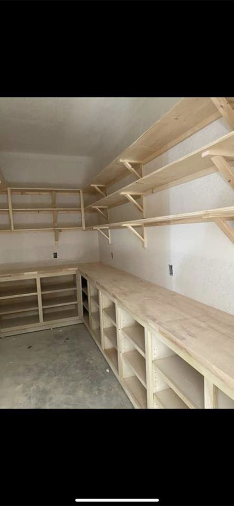 Garage Workshop Shelves, Plywood Garage Shelves, Shop Shelves Ideas, Workshop Shelving Ideas, Wood Shop Ideas Workshop, Shed Workshop Layout, Narrow Workshop, Garage Woodshop Ideas, Workshop Shed Design