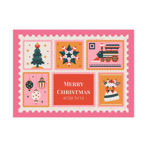 This stamp inspired christmas postcard is what your friends are going to love this christmas season. The vintage style stamp design with elements of christmas in every square. The pink background that this card is set on adds a touch of girly charm that only adds to this christmas spirit. The back of the card is set in cream colored stamp that encompass that whole page. One side is lined and ready for your personalized message, while the other side is styled with three cute stamps and ready for the addresses. Available in 4 sizes and 4 paper finishes (Matte, uncoated, one-side coat, two-side coat), these custom postcards are a perfect canvas for you to create a personalized christmas note. Available in bundles of 10, 30, or 50 pieces.   - available with 4 paper finish options   - 4 sizes Cute Stamps, Business Postcards, Christmas Card Illustration, Christmas Products, Postcard Stamps, Christmas Note, Custom Postcards, Page One, Christmas Inspo