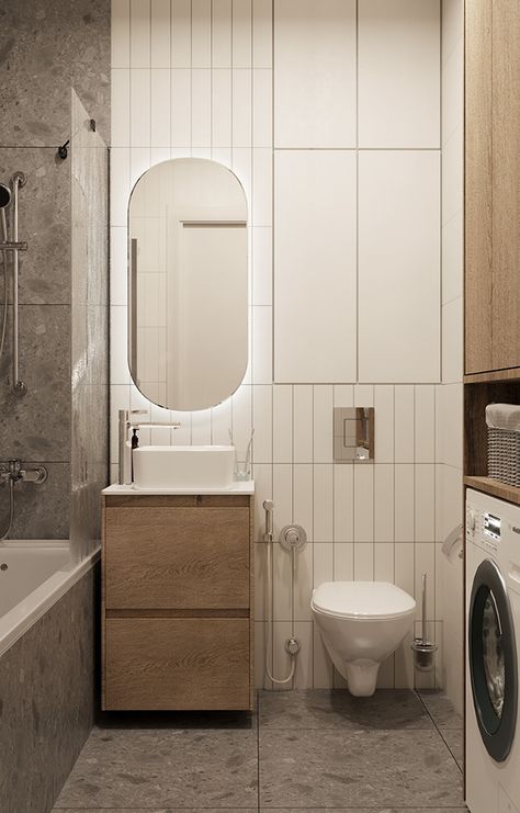 #IV_APARTMENT on Behance Compact Bathroom Design, Compact Home, Bespoke Beds, White Faucet, Built In Cabinet, Compact House, Compact Bathroom, Minimalist Apartment, Small Bathrooms