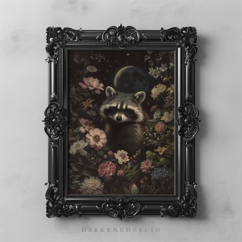 Woodland Animal Wall Art, Dark Academia Cottagecore, Raccoon Art, Dark Botanical, Cute Raccoon, Cottagecore Decor, Floral Printables, Woodland Animal, Dark Floral