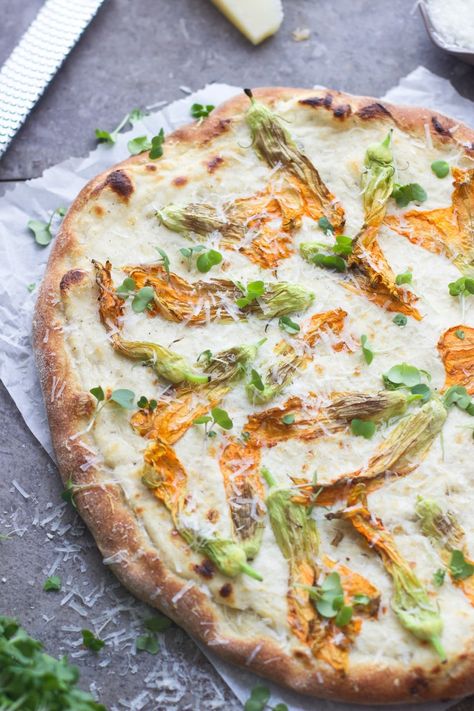 Zucchini Flower Pizza with Brown Butter Ricotta - Cooking for Keeps Flower Pizza, Ricotta Recipe, Veggie Pizza Recipe, Zucchini Flowers, Zucchini Blossoms, Night Recipes, Healthy Zucchini, Making Homemade Pizza, Veggie Pizza