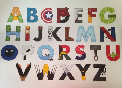 I prefer maybe some different letter choices but love the concept Superhero Alphabet, Marker Board, Chalk Markers, Name Plaques, Superhero Birthday, Kids Rooms, Drawing For Kids, Super Hero, Marvel Comics