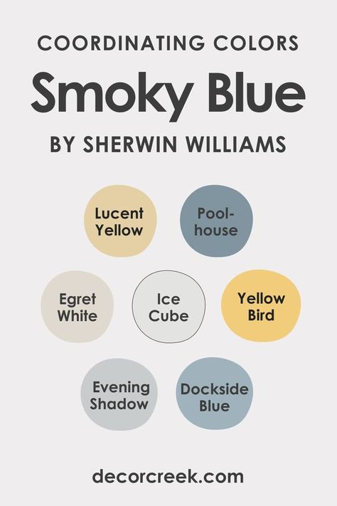 Smoky Blue SW-7604  Coordinating Colors by Sherwin Williams Blue Gray Yellow Color Palette, Sw Dockside Blue, Smoky Blue Bedroom, Sw Ice Cube, Sw Poolhouse, Sw Egret White, Dockside Blue, Lake Condo, Egret White