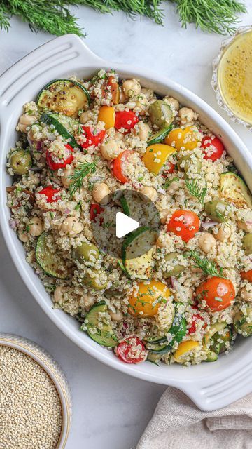 Janet Gronnow on Instagram: "This Zucchini Quinoa Salad w/ Chive Vinaigrette is so satisfying and yummy! With lots of nourishing ingredients like chickpeas, tomatoes, and herbs. 🌿 
.
It makes the perfect meal prep salad, or top it with extra protein and some greens! This salad is so delicious and filling thanks to the quinoa and chickpeas. The vinaigrette is the perfect way to dress these yummy ingredients and is also great on other salads too! 🌿🍃
.
The tasty recipe is on my blog. Tap my name @janetsmunchmeals and you’ll see a link in my bio. Tap the link and you’ll see this recipe in the list. Or check my Stories, or send me a DM! ❤️🌱🌿" Chive Vinaigrette, Salad With Zucchini, Meal Prep Salad, Protein Salad Recipes, Prep Salad, Zucchini Quinoa, Vegan Feta, Quinoa Dishes, Zucchini Tomato