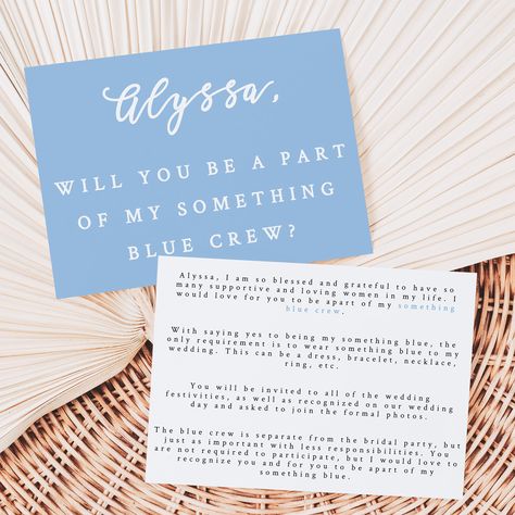 "ENJOY 60% OFF WHEN YOU ORDER 3 OR MORE ITEMS. Discount automatically applied at checkout. Are you looking for a unique and special way to include dear friends or family on your wedding day that are not part of your bridal party? Look no further than our something blue crew proposal card! This card features a simple minimalistic design, along with the words \"Will you be a part of my something blue crew?\" It is perfect for any wedding. Plus, it is an instant download so you can get it right awa Wedding Attendant Proposal, Something Blue Proposal Card, Something Blue Friends, Something Blue Person, Something Blue Bridal Party, Will You Be My Something Blue, Blue Crew Proposal, Something Blue Crew Proposal, Something Blue Crew