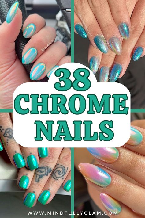 chrome nails Teal Nails With Chrome, Chrome Dip Nails Ideas, Chameleon Chrome Nails, Blue Green Chrome Nails, Multi Color Chrome Nails, Irredecent Nail Designs, Turquoise Chrome Nails, Short Nails Chrome, Nails With Chrome Powder