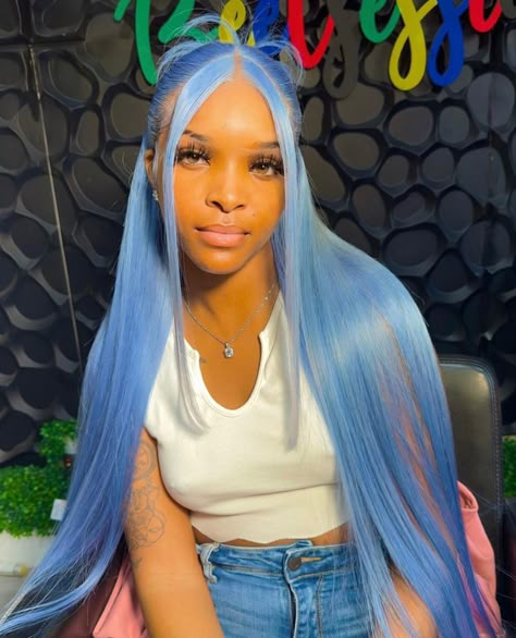 Colored Frontal Wig Hairstyles, Ice Blue Wig, Boujee Hairstyles, Blue Lace Wig, Blueberry Hair, Color For Black Hair, Light Blue Hair, Sleek Ponytail Hairstyles, Frontal Wig Hairstyles