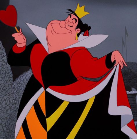 The Queen of Hearts is the main antagonist of Disney's 1951 animated feature film, Alice in Wonderland. She is the tyrannical and deranged ruler of Wonderland with a sadistic penchant for beheadings. When Alice arrives in the kingdom and inadvertently humiliates the monarch, the Queen of Hearts becomes obsessed with decapitating the girl. She also serves as one of the primary members of the Disney Villains franchise. Disney Villains Queen Of Hearts, Cartoon Queen Of Hearts, Heart Queen Alice In Wonderland, Queen Of Hearts Animated, Characters In Alice In Wonderland, Alice And Wonderland Queen Of Hearts, Disney Characters Villains, The Queen Of Hearts Alice In Wonderland, The Queen Of Hearts Aesthetic