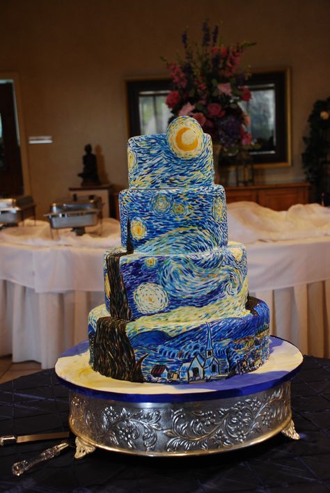 Van Gogh Wedding Theme, Van Gogh Starry Night Wedding Theme, Starry Night Cake, Van Gogh Wedding, Van Gogh Starry Night Party Theme, Van Gogh Wedding Cake, Van Gogh Birthday Theme, Van Gogh Cake, Bolo Van Gogh