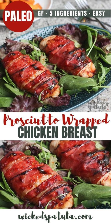 This EASY prosciutto wrapped chicken breast recipe only needs 5 ingredients! You'll love this chicken wrapped in prosciutto with honey glaze. It's the best chicken prosciutto recipe ever! Winner winner, paleo chicken dinner! #wickedspatula #paleo #easyrecipes #paleorecipes #chicken #dinner Chicken Wrapped In Prosciutto, Baked Prosciutto, Paleo Chicken Dinner, Chicken Prosciutto, Prosciutto Wrapped Chicken Breast, Easy Paleo Chicken, Chicken With Prosciutto, Prosciutto Recipe, Easy Paleo Dinner Recipes