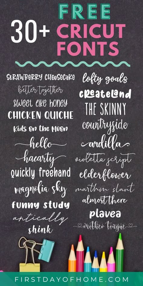 Find the best free fonts for Cricut crafting. Many of these free fonts include a commercial license to use for your small business. Head over to the blog post to find out more about where to find these fonts and how to access them in Cricut Design Space. #cricut #fonts #freefonts #firstdayofhome Free Font Pairings For Cricut, Cricut Access Fonts That Go Together, Popular Cricut Fonts For Shirts, Masculine Cricut Fonts, Free Fonts For Cricut Design Space, How To Download Fonts To Cricut Design, Free Fonts For Teachers, Cricut Free Fonts, Free Circuit Fonts