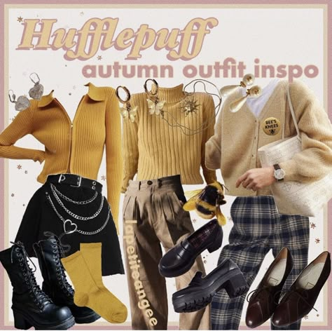 Hufflepuff Winter Outfit, Huffle Puff Outfits, Hufflepuff Academia Outfit, Harry Potter Lookbook, Hufflepuff Academia, Hufflepuff Outfit Aesthetic, Hufflepuff Outfit Ideas, Hufflepuff Aesthetic Outfits, Hufflepuff Inspired Outfits