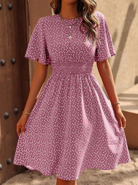 Confetti Heart Print Butterfly Sleeve Dress | SHEIN USA Shirred Waist Dress, Butterfly Sleeve Dress, Sukienki Plus Size, Gaun Fashion, Dot Print Dress, Drawstring Dresses, Empire Waist Dress, Women Midi, Flutter Sleeve Dress