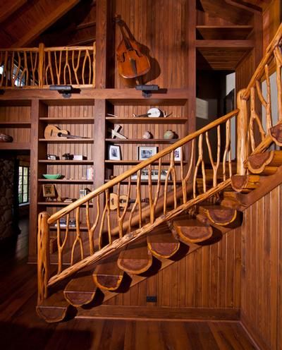 Wood. Wood. Wood. And the railing is quite unique. Natural Wood Railing, Log Cabin Staircase, Cabin Staircase, Log Stairs, Unique Stairs, Stairs Handrail, Rustic Staircase, Rustic Stairs, Wooden Staircase