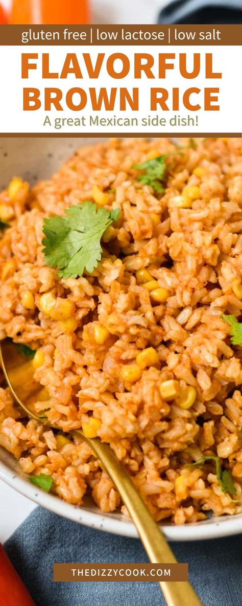 This Flavorful Brown Rice is a great Mexican food side dish you can make in 45 minutes. My Spanish brown rice contains delicious shallots, chili powder, garlic, tomatoes, and fresh summer corn. This rice dish can be served alongside grilled chicken, fish, steak, fajitas, black beans, or a salad for an easy vegetarian meal. Seasoned Brown Rice Recipes, Brown Rice Meal Ideas, Mexican Rice With Brown Rice, Spanish Rice With Corn, Chipotle Brown Rice Recipe, Minute Brown Rice Recipes, Brown Mexican Rice, Brown Rice Recipes Seasoned, Qdoba Brown Rice Recipe