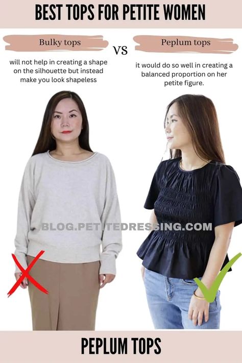 Tops For Petite Women, Peplum Top Outfits, Baggy Tops, Peplum Tops, Flattering Tops, Womenswear Fashion, Neckline Designs, Peplum Styles, Petite Tops