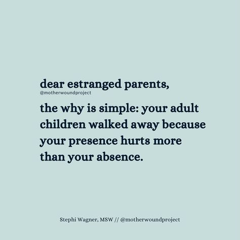 Estranged parents: “Help! Help! We spent years treating our children as less than and now we want all the perks that come with treating them with love and respect.” It’s 2024, and we’ve fixed the “but they’re your parents” glitch. Adult children who feel loved and respected by their parents work to stay in relationship with said parents and adult children who don’t feel loved and respected by their parents can estrange said parents, no guilt attached. Toxic Family Quotes, Narcissistic Family, Narcissism Quotes, Mental Health Facts, In Relationship, Parental Alienation, Narcissistic Mother, Toxic Family, Bad Parents