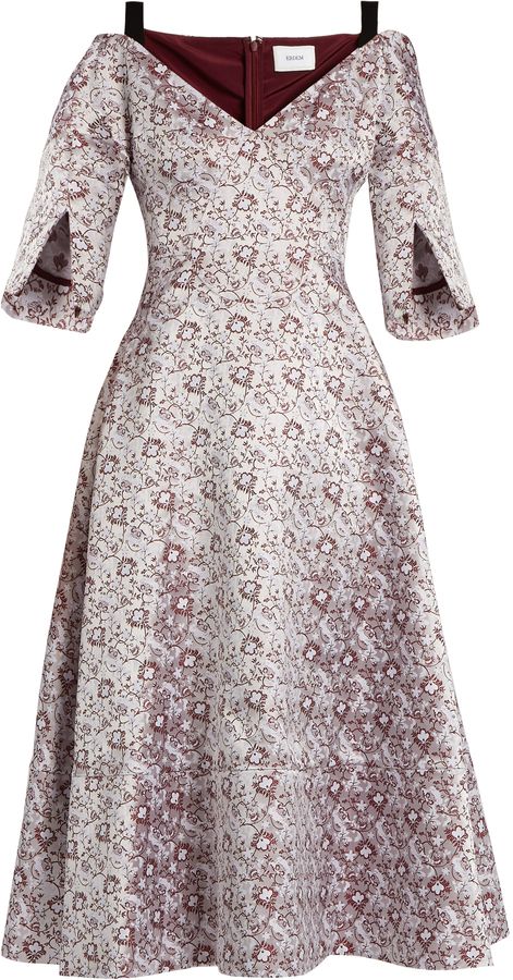 ERDEM Karol V-neck satin-jacquard dress Jacquard Dress Design, White V Neck Dress, White A Line Dress, Noble Lady, White Flower Dress, Church Dress, Flower Print Dress, Style Watch, Dressy Dresses