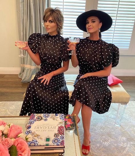 Rotate Birger Christensen, Real Housewives Of Beverly Hills, Lisa Rinna, Kyle Richards, Birger Christensen, Strong Shoulders, Housewives Of Beverly Hills, White Polka Dot Dress, Two Girls