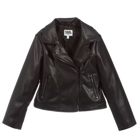 Girls Mini-me, black faux leather biker jacket by KARL LAGERFELD KIDS. Super soft, it has zipped pockets and a white 'Forever Karl' painted print on the back. The comfortable satin lining has Karl's iconic Kameo silhouette branding. Leather Jacket For Girls, Karl Lagerfeld Kids, Faux Leather Biker Jacket, Black Faux Leather Jacket, Luxury Baby, Jacquard Pattern, Girls Black, Coat Design, Kids Sale