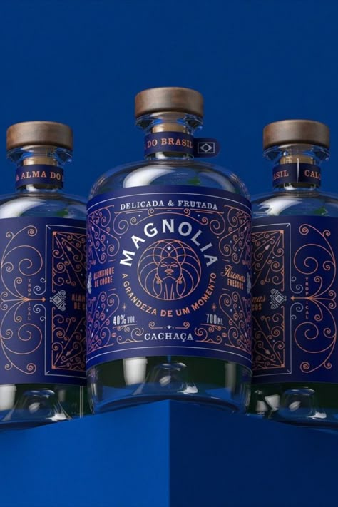 Marcelo Andrade's packaging design for Magnolia Cachaça showcases a rich and stunning dark blue label that effortlessly coordinates with the subtle brown and white details. Brazilian Culture, Alcohol Packaging, Bottle Label Design, Packaging Designs, Creative Graphic Design, Blue Label, Graphic Design Studios, Creative Ads, Packaging Design Inspiration