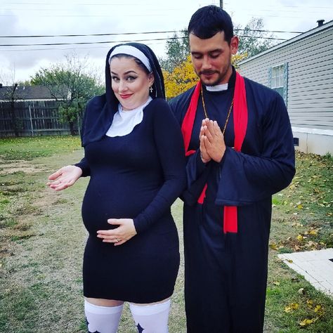 Costume nun priest pregnant Pregnant Nun And Priest Costume, Pregnant Nun Costume, Halloween Costumes For Pregnant Women Couples, Pregnant Witch Costume, Pregnancy Couple Halloween Costumes, Character Couple Costumes, Diy Nun Costume, Movie Character Couple Costumes, Nun And Priest Costume Couple