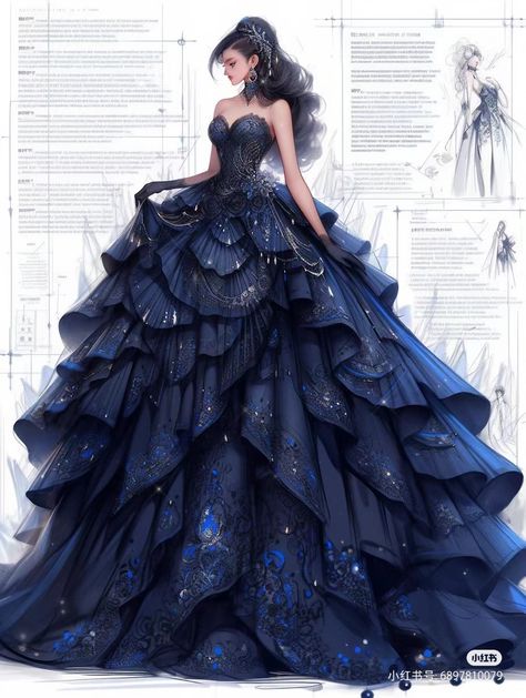 Blue Masquerade Dress, Dark Blue Ball Gown, Blue Fantasy Dress, Dark Blue Gown, Blue Ball Gowns, Gowns Dresses Elegant, Fashion Sketches Dresses, Fantasy Dresses, Fashion Drawing Dresses