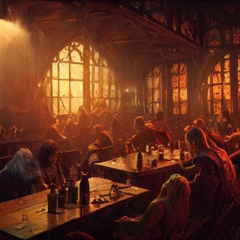 Tavern Party Fantasy Art, Fantasy Bar Concept Art, Tarven Fantasy Art, Fantasy Pub Aesthetic, Fantasy Tavern Decor, Fantasy Bar Aesthetic, Fantasy Tavern Concept Art, Tavern Lighting, Dnd Tavern Aesthetic