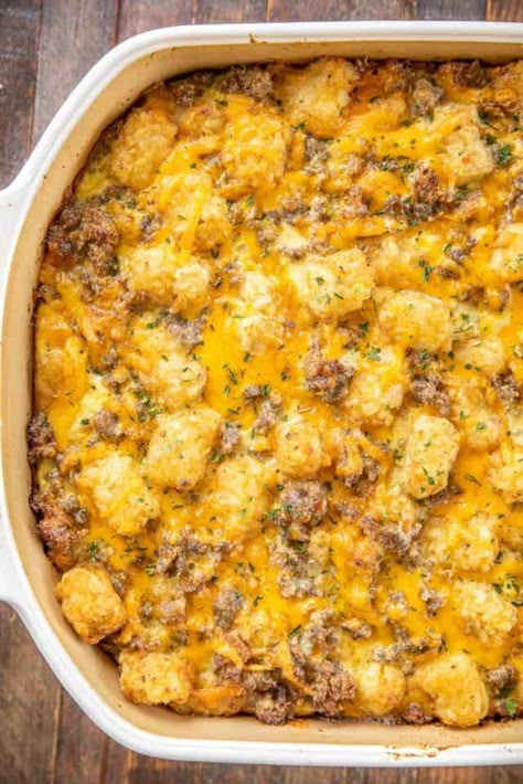 Sausage Cream Cheese Tater Tot Breakfast Casserole - great make-ahead recipe! Sausage, cream cheese, cheddar cheese, tater tots, eggs, milk, garlic, onion, and black pepper. Can refrigerate or freeze for later. Great for breakfast. lunch or dinner. Everyone loves this easy breakfast casserole!! #tatertots #sausage #breakfast #brunch #casserole #freezermeal Sausage Cream Cheese Breakfast Casserole, Cream Cheese Breakfast Casserole, Tator Tot Breakfast, Fruit Salad With Cream, Cheese Tater Tots, Tot Breakfast Casserole, Sausage Cream Cheese, Cream Cheese Breakfast, Tater Tot Breakfast Casserole