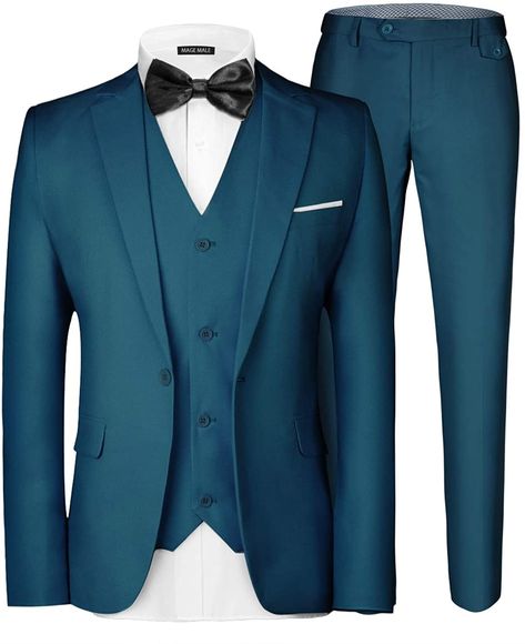 MAGE MALE Men's 3 Pieces Suit Elegant Solid One Button Slim Fit Single Breasted Party Blazer Vest Pants Set Teal Blue : Amazon.ca: Clothing, Shoes & Accessories Slim Vest, Formal Blazer, Pieces Men, Navy Blue Wedding, Men's Suit, Three Piece Suit, Blazer Vest, Formal Suits, Loose Fitting Tops