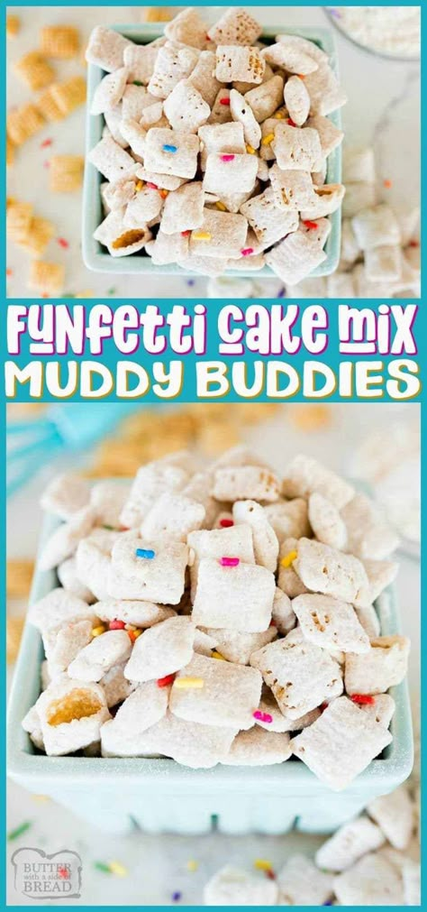 Funfetti Chex Mix is a sweet & crunchy, no bake cereal dessert that is loaded with that birthday cake flavor. With only 5 ingredients and about 5 minutes of work, this is you're new go-to Chex mix! #chex #treats #nobake #funfetti #cakemix #muddybuddies #chexmix #recipe from BUTTER WITH A SIDE OF BREAD Chex Mix Recipes Sweet, Funfetti Birthday Cake, Funfetti Birthday, Cereal Dessert, Funfetti Cake Mix, Birthday Cake Flavors, Homemade Snickers, Chex Mix Recipes, Mix Recipes