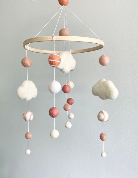 Baby girl mobile/ Baby Mobile/ Nursery Mobile/ Handmade | Etsy Crib Mobile Girl, Felt Ball Mobile, Felt Cloud, Cloud Mobile Nursery, Crib Decoration, Pom Pom Mobile, Felt Baby Mobile, Mobile Ideas