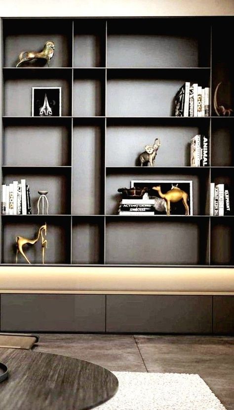 Luxury Plants Interior Design, Shelves With Wallpaper Background, Bookshelves In Living Room Modern, Tv Wall Bookshelves, Black Luxury Interior, Bookshelf Wall Living Room, Modern Shelving Design, Product Shelves, Modern Bookcase Design