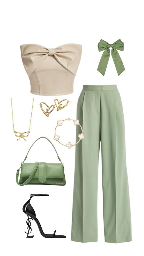 Green Luxury Outfit, Green Feminine Outfit, Colourful Casual Outfits, Green Business Casual Outfits, Green Semi Formal Outfit, Classy Green Outfits, Green Classy Outfit, Outfit With Green Pants, Formal Party Outfit