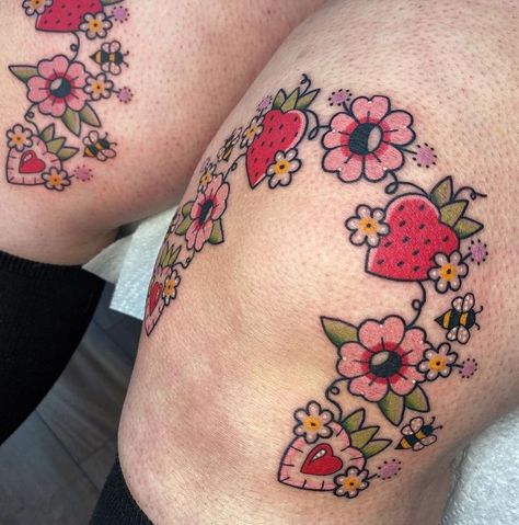 Pastel American Traditional Tattoo, Kawaii Chest Tattoo, Strawberry Knee Tattoo, American Traditional Tattoo Women, Cute Food Tattoos, Cute Knee Tattoo, Traditional Cloud Tattoo, Princess Bubblegum Tattoo, Kawaii Tattoo Sleeve