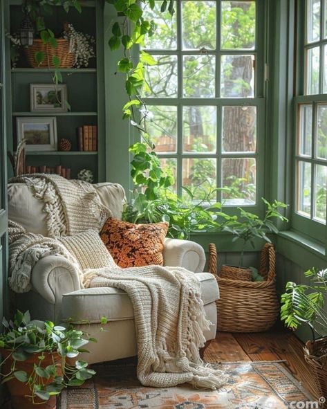 Cottage Core Study Room, Boho Cottage Core Living Room, Cottagecore Reading Corner, Plant Reading Room Aesthetic, Reading Room Cottagecore, Cottage Home Office, Sunroom With Plants And Books, Cottage Core Office, Witch Cottage Interior