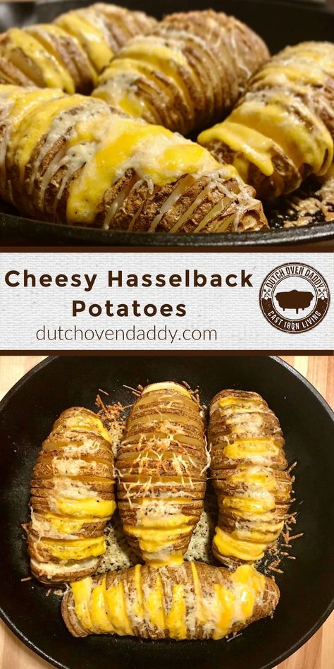 :potato::cheese: It ain’t easy being cheesy...actually it’s really easy when you are making these Cast Iron Cheesy Hasselback Potatoes. Steak Dinner Side Dishes, Cheesy Hasselback Potatoes, Camp Oven Recipes, Easy Cast Iron Recipes, Steak And Salad, Recipes Dutch Oven, Steak Dinner Sides, Loaded Potatoes, Camp Oven