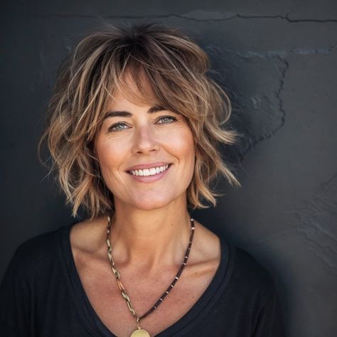 Chin Length Choppy Bob With Bangs, Choppy Bob Over 50, Grey Shaggy Bob, Shaggy Layered Bob Hairstyles, Shaggy Bob Hairstyles Curly Hair, How To Style A Choppy Bob, Curly Choppy Bob, How To Style Shaggy Bob, Medium Shaggy Hairstyles Choppy Layers