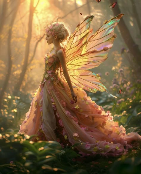 Fey Creatures, Petal Gown, Fairies Aesthetic, Faerie Aesthetic, Nature Fairy, Fairy Photography, Iridescent Wings, Fae Art, Natural Form Art