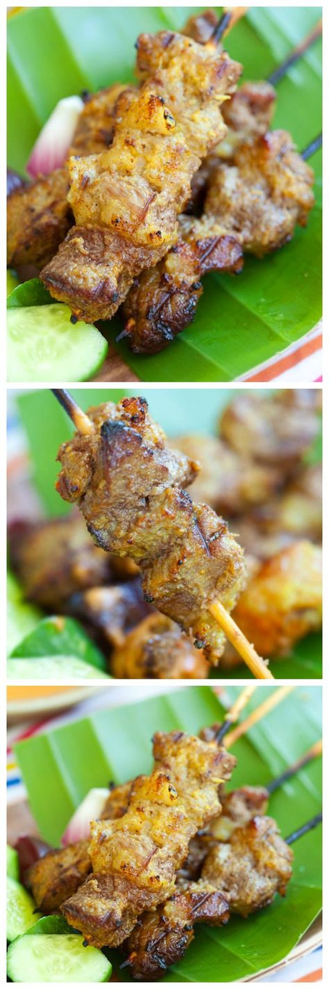 Beef Satay - beef is marinated overnight with spices, skewed to satay and grilled. Best beef satay recipe with spicy peanut sauce | rasamalaysia.com Satay Beef Skewers, Beef Satay Recipe, Satay Skewers, Takeout Recipes, Sauce Satay, Beef Satay, Malaysian Recipes, Satay Recipe, Cape Malay