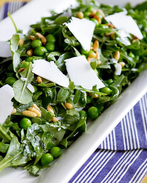 Arugula Salad with Peas, Pine Nuts, and Ricotta Salata Best Arugula Salad, Pine Nut Salad Recipe, Ricotta Salata Recipe, Pine Nut Salad, Salad With Peas, Nut Salad, Pine Nuts Salad, Pine Nut Recipes, Arugula Salad Recipes