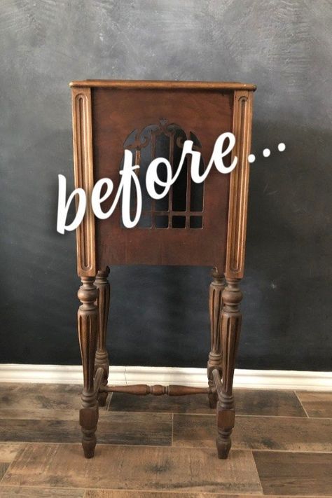 Flea Market Side Table Idea That Will Blow Your Mind! Refinish Side Table Ideas, Side Table Ideas, Blending Paint, Vintage Furniture Makeover, Unique Side Table, Painted Side Tables, Thrifted Home Decor, Thrift Store Furniture, Speaker Cabinet