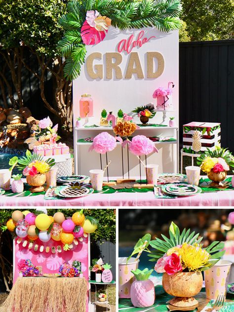 Hawaiian Theme Grad Party, Luau Grad Party Ideas, Aloha Graduation Party, Hawaiian Graduation Party Ideas, Flamingo Graduation Party, Beach Graduation Party Ideas, Pool Party Graduation, Hawaii Graduation Party Ideas, Hawaiian Theme Graduation Party