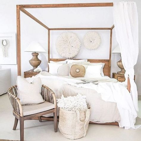 Poster Bed King, Desert House Design, Canopy Bed King, Malawi Chair, Poster Bed Frame, Bedroom Decor Neutral, Small Beach House, Farmhouse Style Bedroom, Farmhouse Style Bedroom Decor