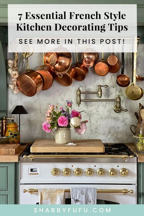 7 Essential French Style Kitchen Great Decorating Tips! Small French Kitchen, French Bathroom Decor Vintage, Parisian Kitchen Decor, Bistro Kitchen Decor, Rustic French Kitchen, French Inspired Kitchen, French Vintage Kitchen, French Style Kitchen, Vintage French Kitchen