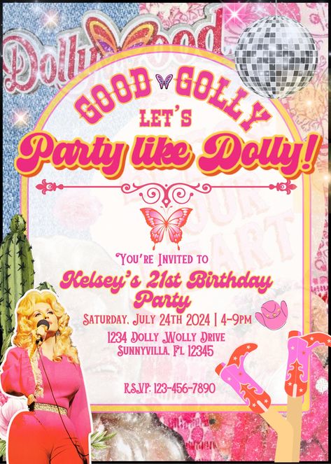 Personalized Dolly Parton Invitations, Custom Invitations, Dolly Parton, Birthday Invitations, Bachelorette Invitations , Disco Cowgirl, - Etsy UK Girly Birthday Ideas, Dolly Parton Birthday, Rodeo Birthday Parties, Girly Birthday, Rodeo Birthday, Disco Cowgirl, Fun Memories, Bachelorette Invitations, Cowboy Party