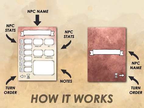 Dnd Dm Accessories, Dm Aesthetic Dnd, Dnd Dm Notes, Dnd Initiative Tracker Diy, Npc Character Sheet, Dm Screen Sheets, Dnd Dm Setup, Dnd Tracker, D D Campaign Ideas