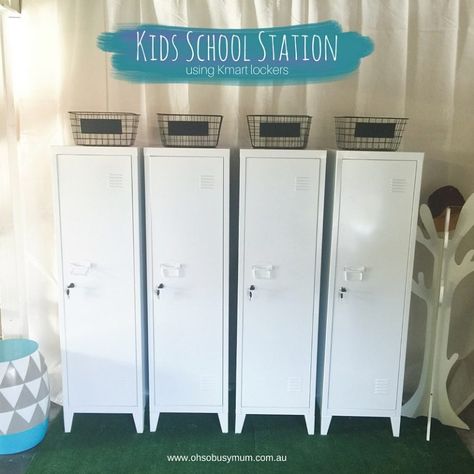 Kids School Station Using The Kmart Lockers - Oh So Busy Mum Kmart Cubby House, Kmart Cubby, School Station, School Bag Storage, Laundry Garage, Kmart Decor, Kmart Home, Locker Furniture, Organization Laundry