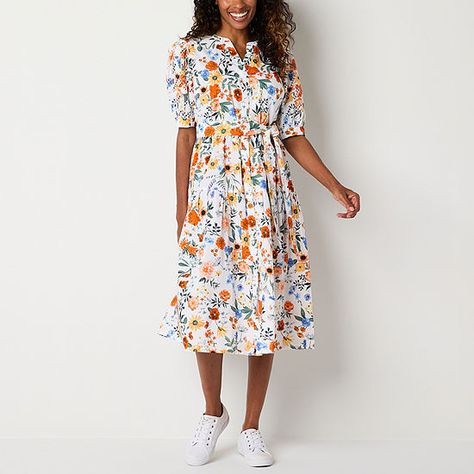 St. John's Bay Short Sleeve Embroidered Floral Midi Fit + Flare Dress - JCPenney Soft Feminine Outfits, Fit And Flare Midi Dress, Minimalistic Jewelry, Christian Activities, Jcpenney Dresses, Flare Dresses, Large Dress, Midi Short Sleeve Dress, Medium Dress